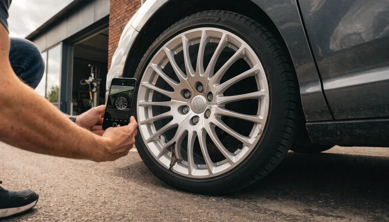 Kierowca fotografuje felgę przed wizytą na wulkanizacji